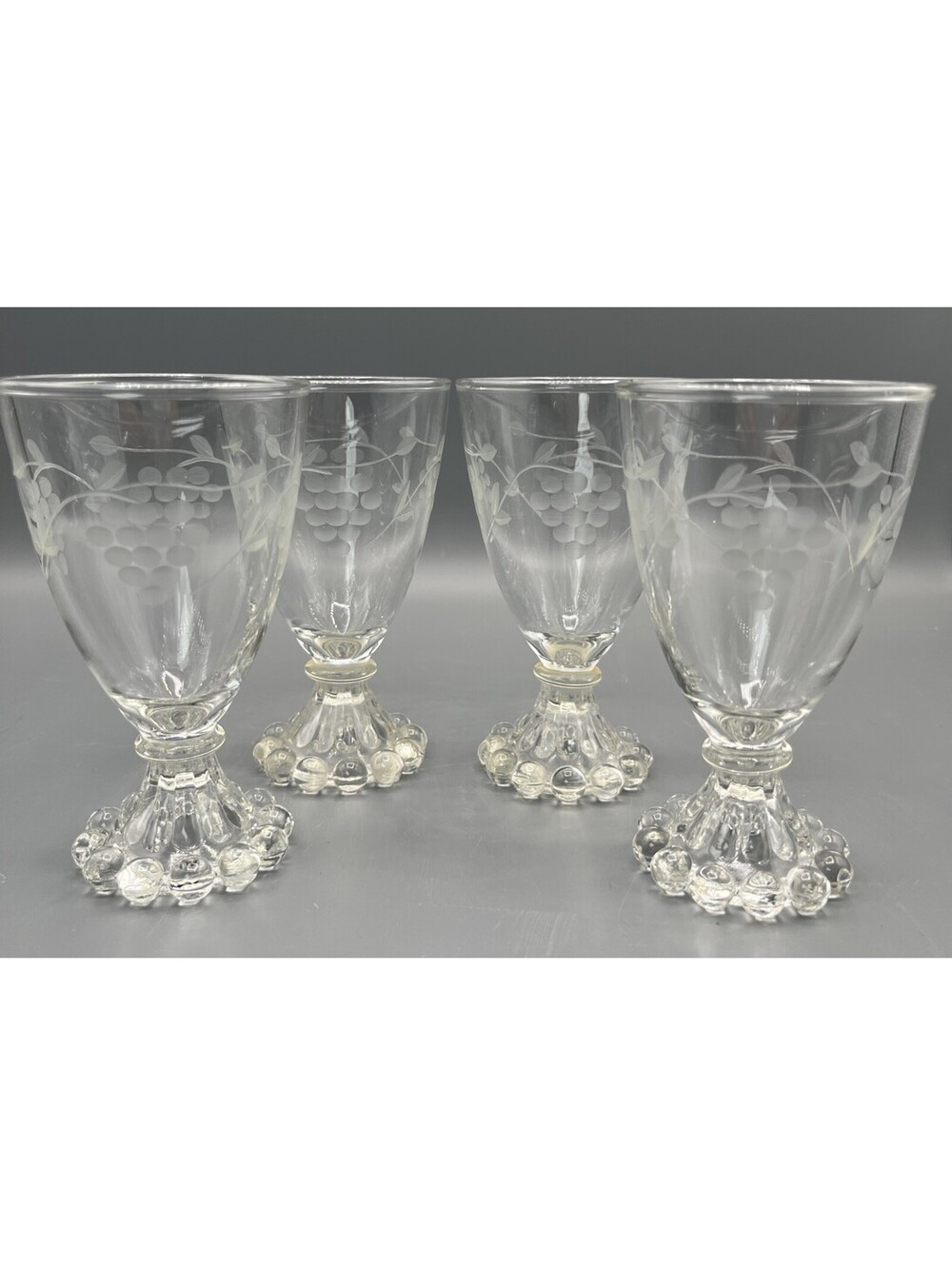 Vintage Anchor Hocking Boopie Bewick Etched Grape Wine Glasses Goblets Set of 4